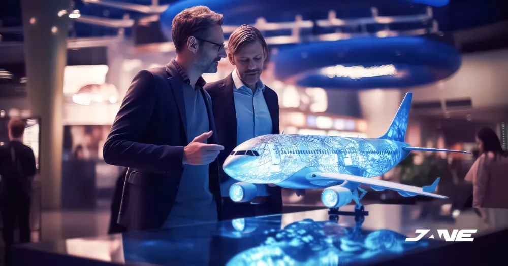 Two people looking at a holographic, futuristic looking airplane.