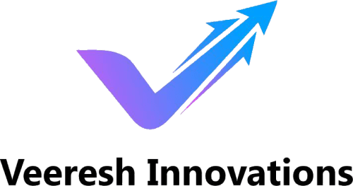 Logo for Veeresh Innovations featuring a gradient purple checkmark intertwined with two blue ascending arrows, symbolizing integrated supply chain management. The company name is written below in black text.